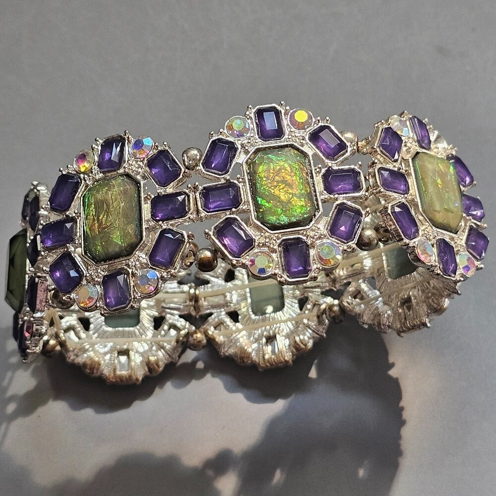 Opalescent Green and Blue Rhinestone Link Stretch Bracelet Silvertone